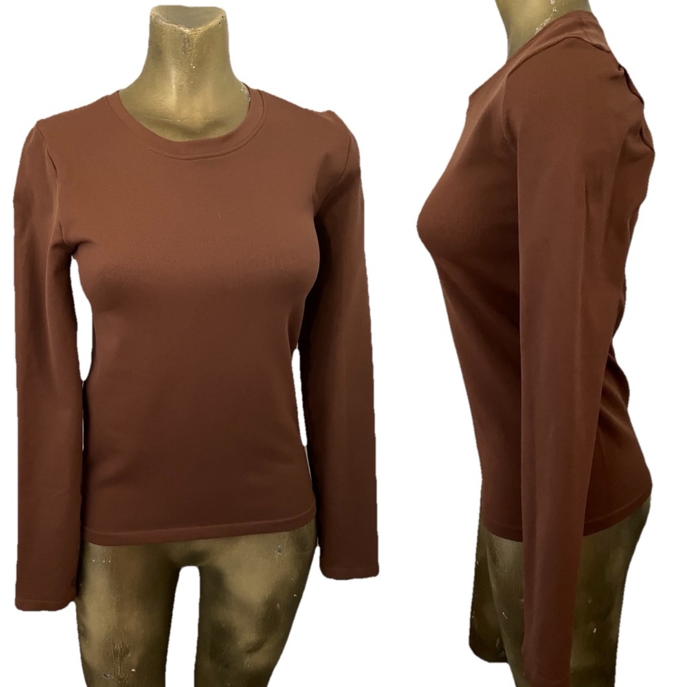 OQQ Chocolate BROWN Thick Stretch Ribbed LONG SLEEVE TEE SHIRT Size Large